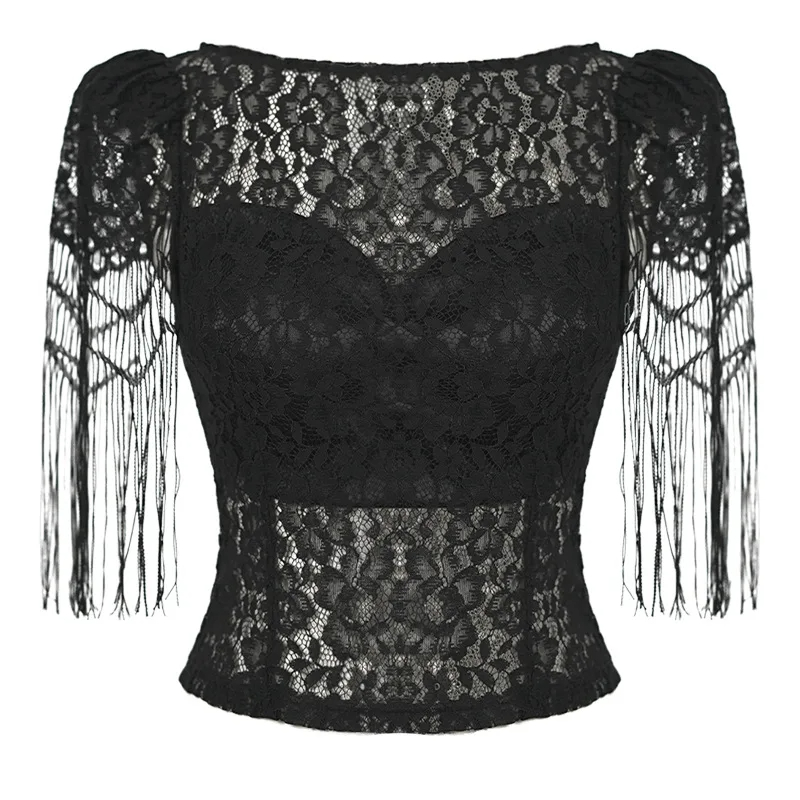 Women's Sweaters French Chic Elegant T-shirt Black Perspective Tassel Sleeves Tops Sexy Lace Blouse Hook Floral Tees Party Prom Blouse Lady 2024