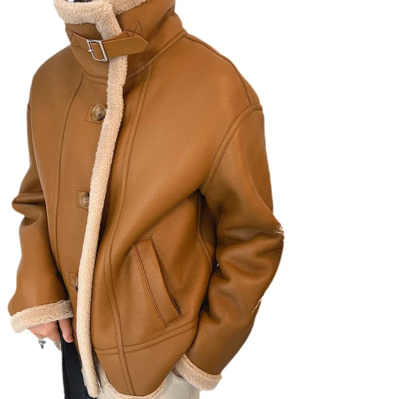 0C612M76 Women's Faux Leather Fur Coat Women Coat One Piece Winter Motorcycle Suit Lamb Fur Jacket High-end Customization