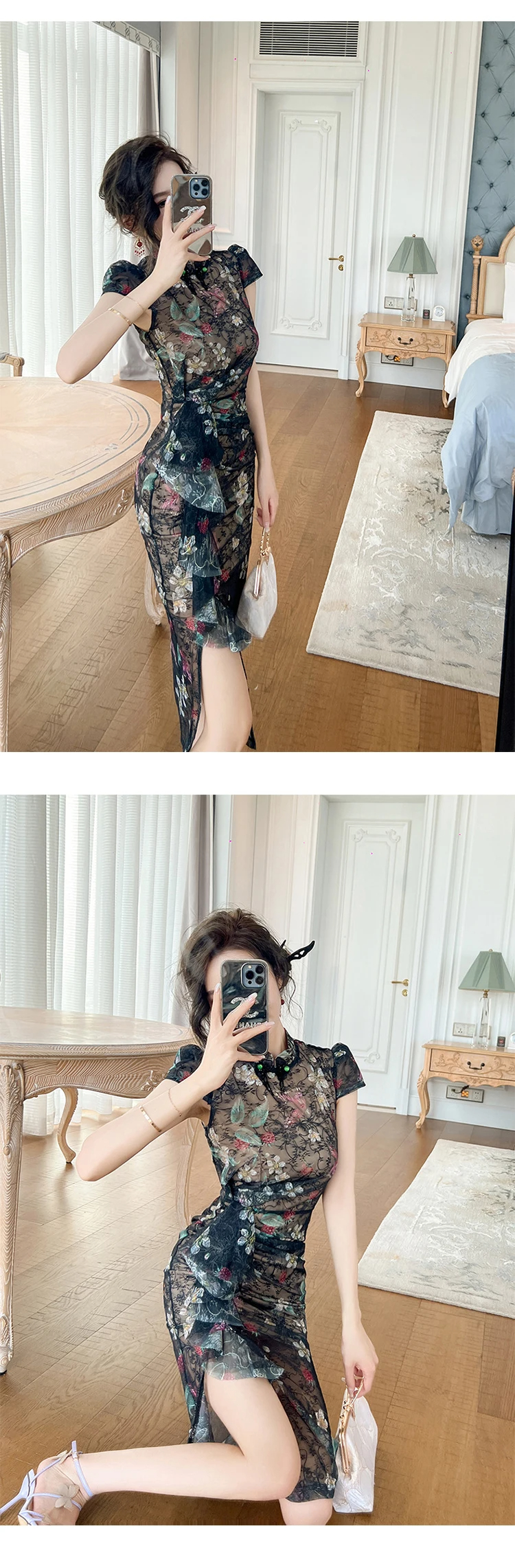 Dresses Vintage Sexy Chinese Style Qipao Women's Black Lace Folds Ruffle Slit Robe Femme Party Prom Improved Cheongsam Runway Dress