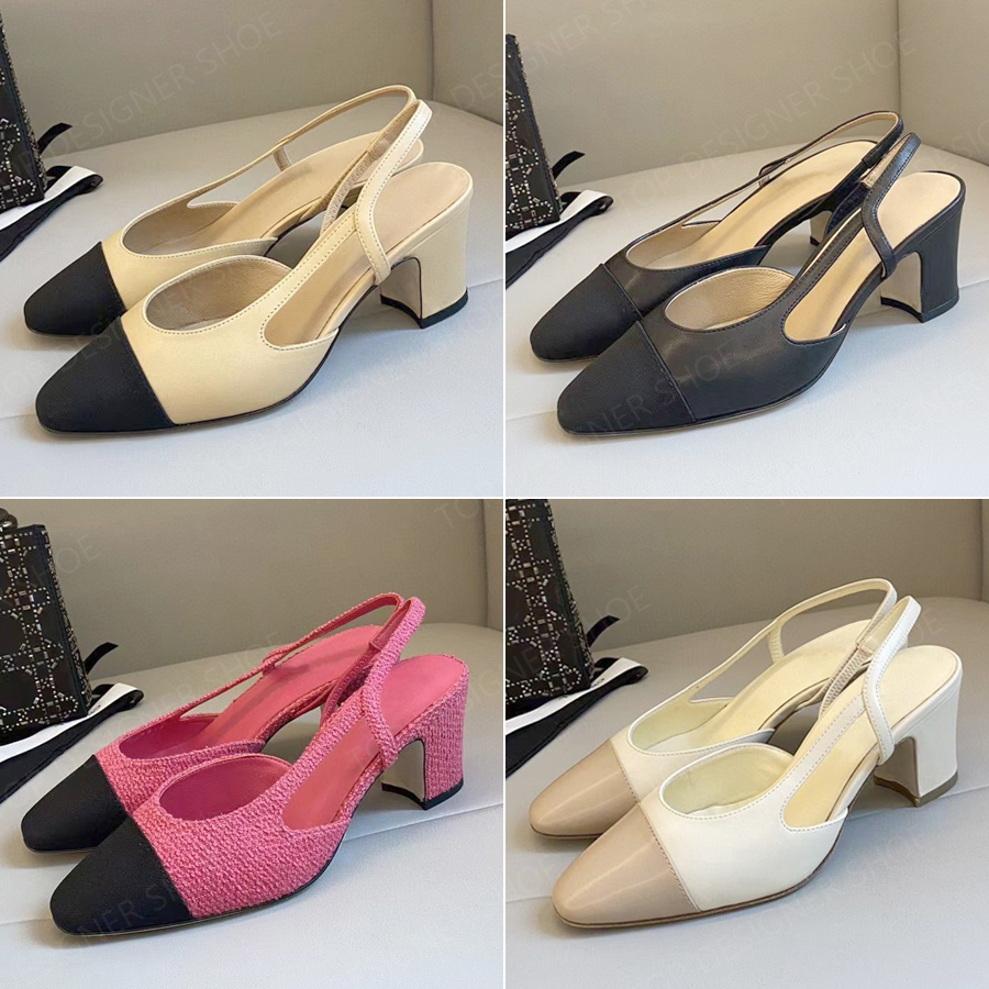 top Quality Classic leather Kitten heels Slingback thick Sandals pumps 6.5cm Chunky block heels Dress shoes Womens luxury designers Sandals womens Wedding With box