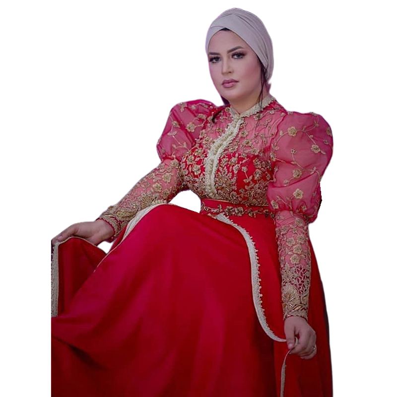 Elegant Red Moroccan Kaftan Evening Dresses With Gold Lace Appliques Empire Waist Plus Size Formal Dress 2024 Arabic Muslim Women Long Sleeves Celebri