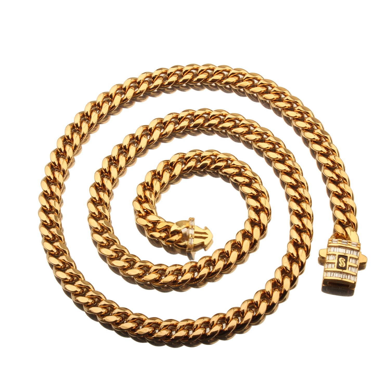 6mm-14mm Hip Hop Stainless Steel Miami Cuban Link Chain Necklace 18K Real Gold Plated T Zircon Clasp Mens Necklace Jewelry