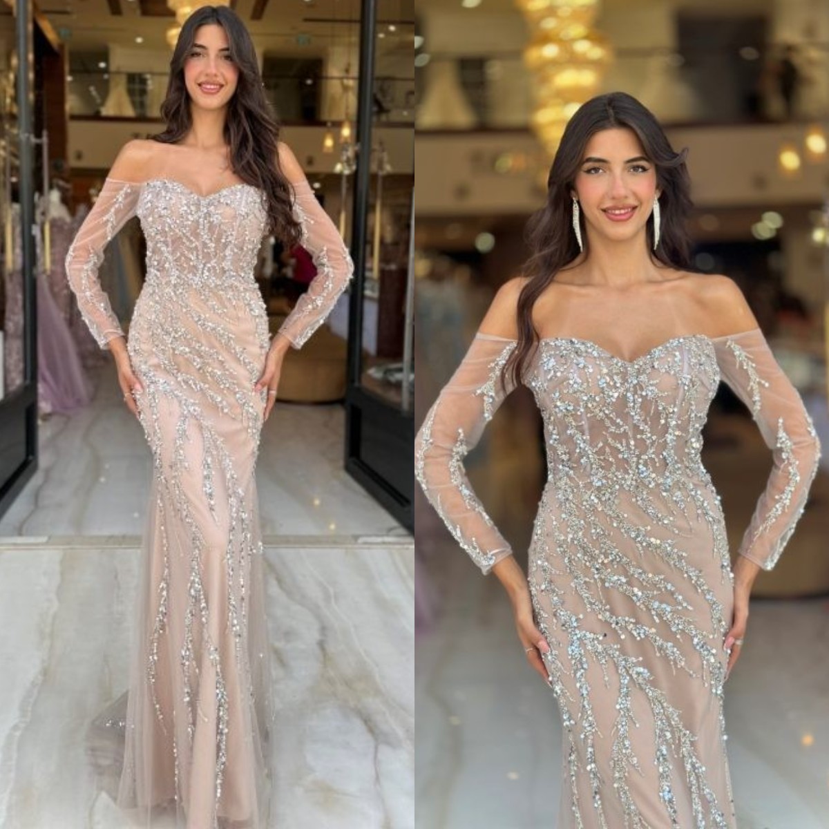 Elegant Mermaid Prom Dresses Off Shoulder Crystal Evening Sleeves Formal Long Special Ocn Party Dress