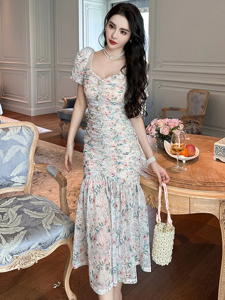 Basic Casual Dresses Mesh Strap Dress Sweet Gentle Elegant Dress For Women Mesh Flower Pleate Bubble Sleeve Bodycon Fishitail Robe Party Holiday Vesti