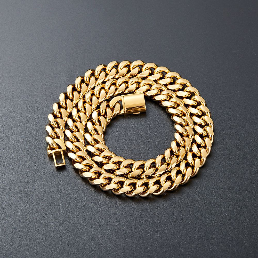 6mm-14mm Hip Hop 316L Stainless Steel Miami Cuban Link Chain 18K Real Gold Plated High Polished Mens Necklace Jewelry Gold Color