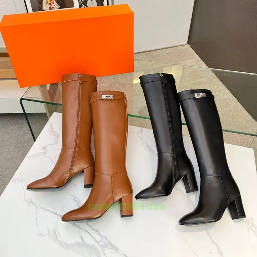 Luxury designer leather knee long boots winter fashion warm woman combat chelsea high heeled boot black brown riding brown knight boots