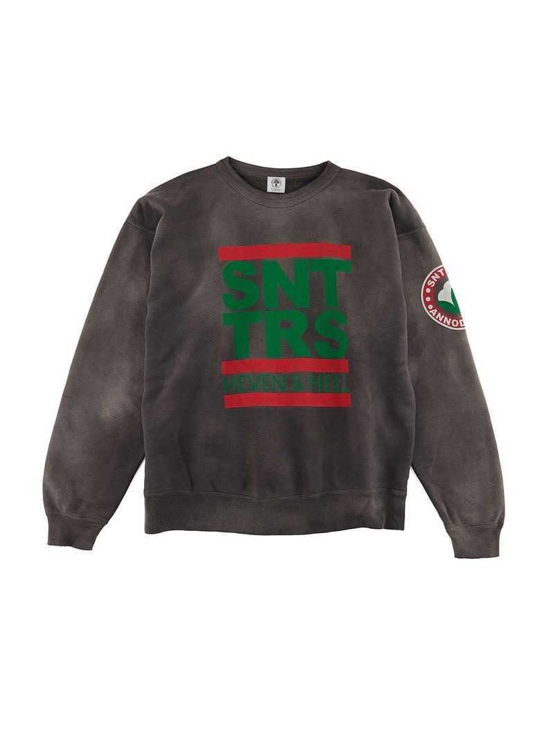 Saint Michael 23fw Washed Old Embroidery Letter Round Neck Sweater High Street Fashion Brand Sweatshirt