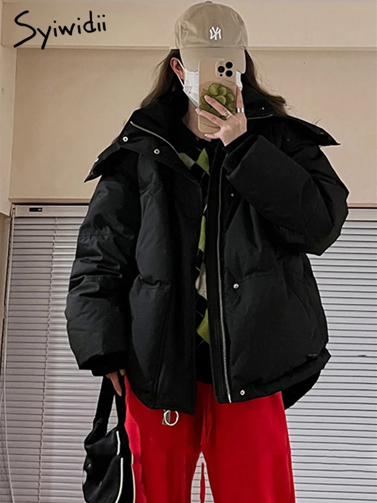 Women's Down Parkas Syiwidii Thicken Warm Jacket for Women Autumn Winter 2023 Fashion Long Sleeve Coats Chic Casual Zippers Hooded 231013