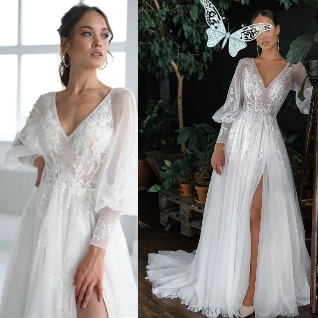 Long Sleeves V Neck Wedding Dress Side Split Lace Appliques Bridal Gowns Sweep Train Robe De