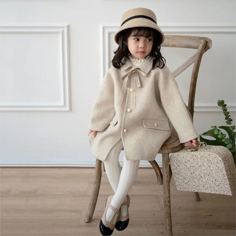 Coat Baby Girl Woolen Bow Tie Jacket Long Pearl Button Warm Infant Toddle Lapel Spring Autumn Winter Outwear Clothes 110Y 231016
