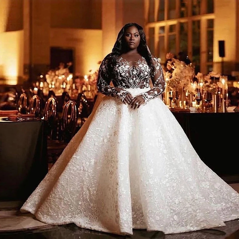 Aso Ebi Wedding Dresses Plus Size Appliques Beading Long Sleeves Bridal Gown Lace Up Back Wedding Vestidos Custom Made