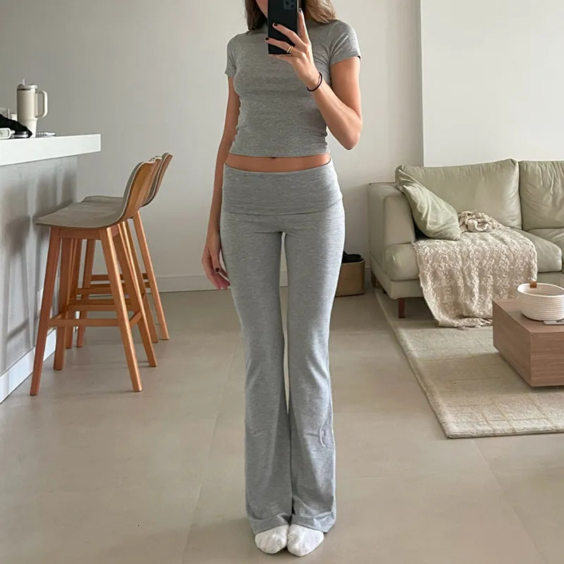Women's Two Piece Pants Women Casual Slim Fit 2 Piece Set Short Sleeve Crop Tops Pants Elegant Matching Suit Vintage Y2K Rib Knitted T-shirt Outf