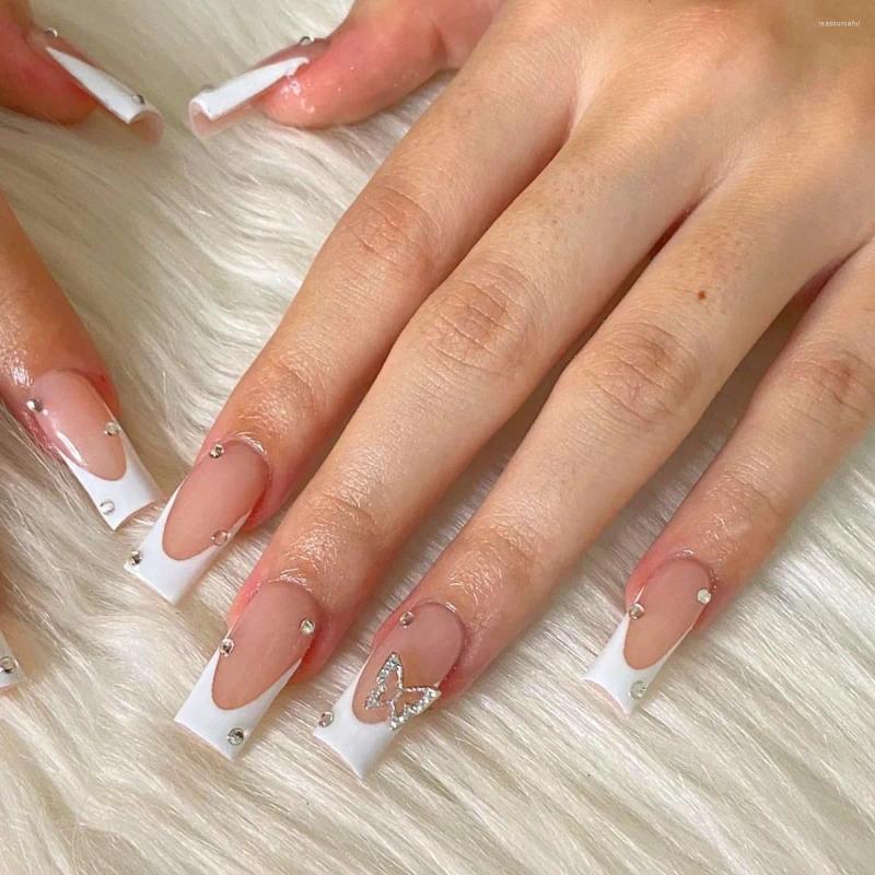False Nails 24Pcs Extra Long Square Press On Detachable French With Rhinestone Ballet Fake Nail Tip Finished
