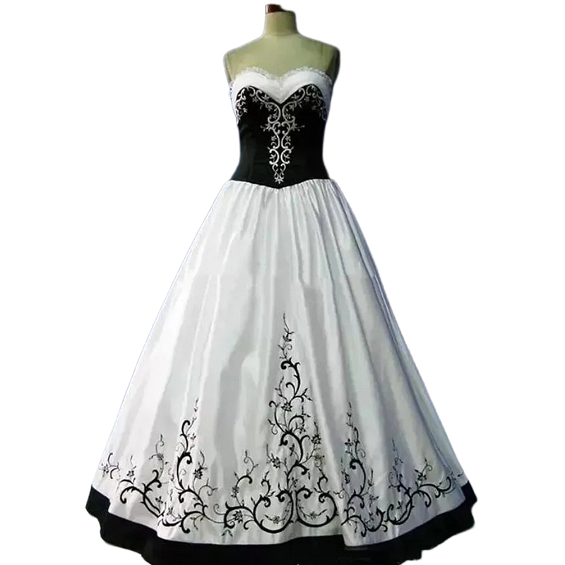 2024 Vintage Black And White Wedding Dress Embroidery A-Line Floor Length Gothic Bridal Gowns Strapless Sweetheart Bride Dresses Custom Made
