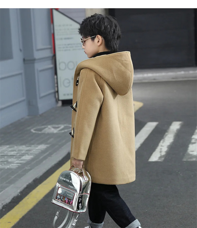 Jackets 2023 Boys Wool Coat Autumn Spring Fashion Hooded Solid SingleBreasted Outerwear Children MidLength Parka 514Y 231013