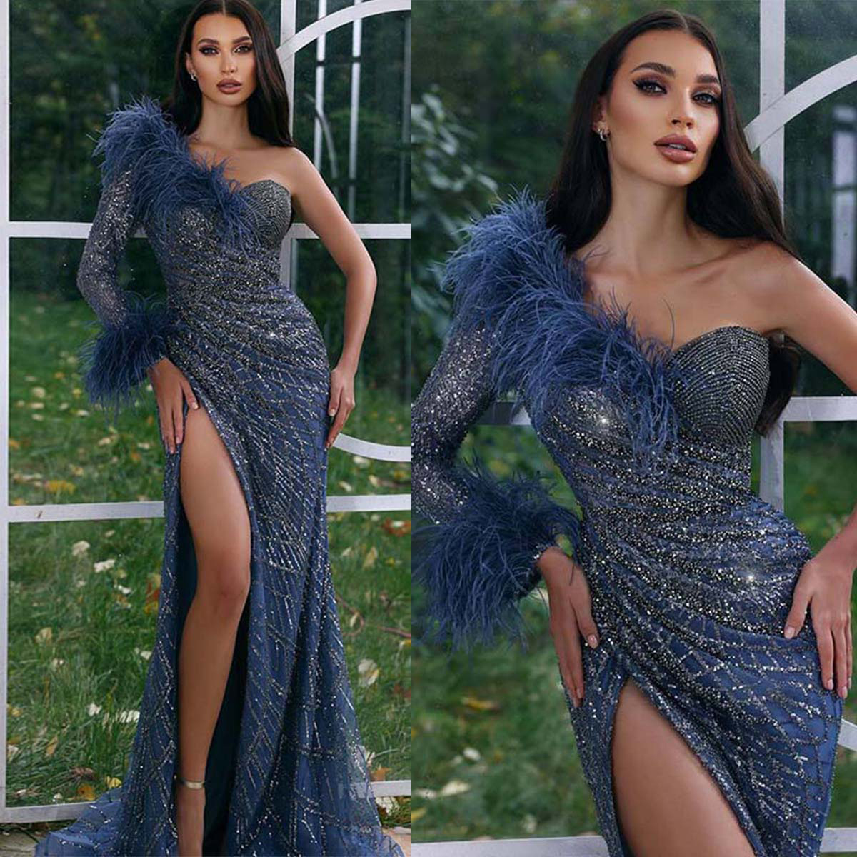 Gorgeous One Shoulder Mermaid Prom Dresses Sexy High Slit Sequined Lace Feather Formal Occasion Dress Aso Ebi Evening Gowns