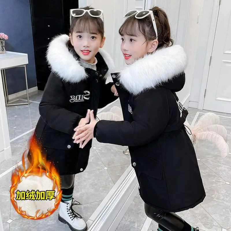 Down Coat Girls Cotton Padded Jacket Overcame The Middle Length Heavy Winter for Child Plush Thicken Parkas Kid Hooded Outerwear 231016