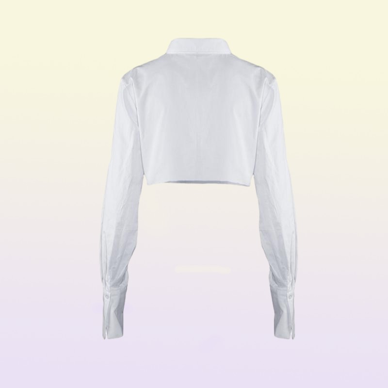 Women039s Blouses Shirts White Croped Tops Women Turndown Collar Long Sleeve Short Shirt Cotton Pocket Design Single Breaste1758564