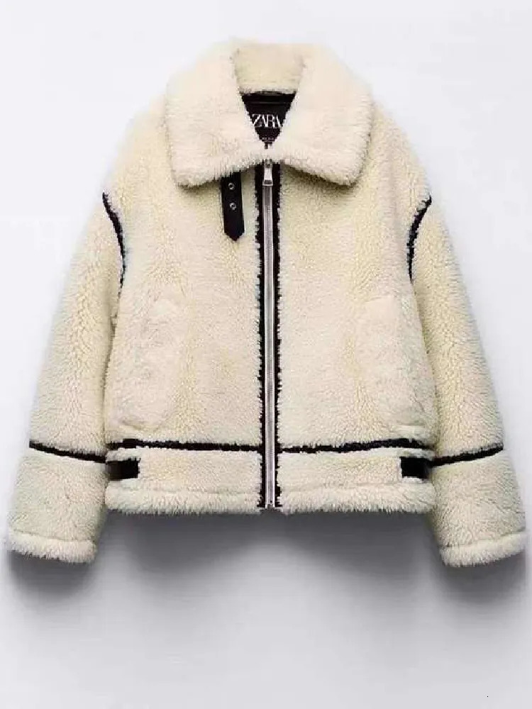 Women's Wool Blends Lamb Wool Women Coat Winter Turn-down Collar Long Sleeve Street Female Short Jacket Zipper Loose Fashion Lady Warm Outwear 23