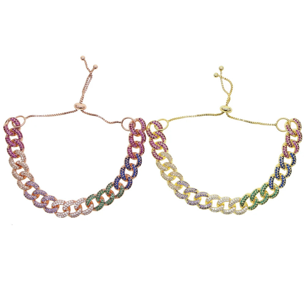 Chain Adjust slider box chain gold rose 2 color micro pave rainbow cz Miami cuban link women bracelet fashion 231016
