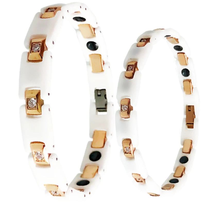 Chain Health Care Magnetic Therapy Bracelets For Women White Ceramic Rose Gold Plated Stainless Steel Bracelet Men CZ Jewelry 231016