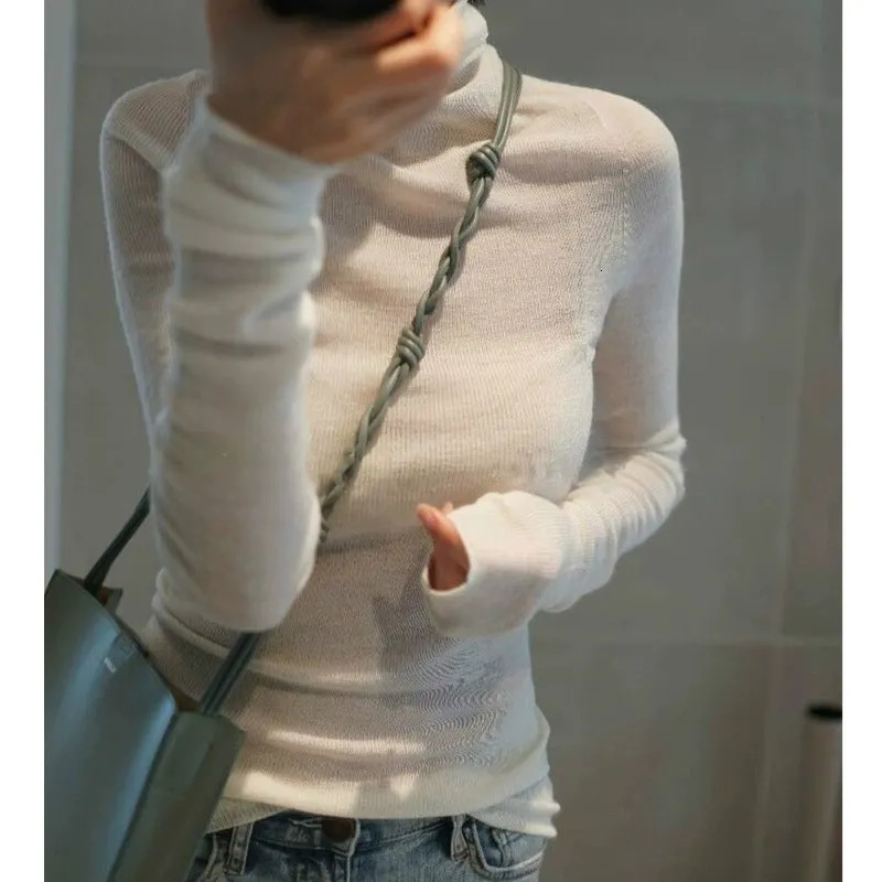 Womens Sweaters Turtleneck Knitted Cashmere Sweater Ultrathin Pile Neck Wool Knit Pullover Fashionable Solid Ribbed Pullovers 231016