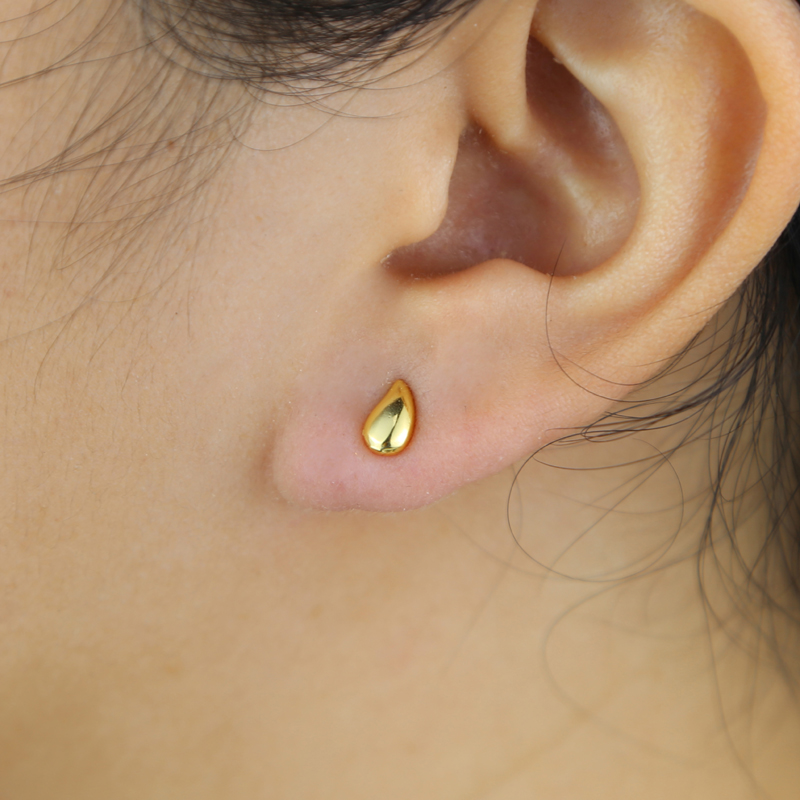 Gold Color Chunky Dome Water Drop Peas Shape Stud Earrings Mini Glossy High Polished Fashion Hip Hop Women Lady Festival Gift Jewelry