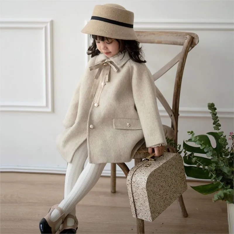 Coat Baby Girl Woolen Bow Tie Jacket Long Pearl Button Warm Infant Toddle Lapel Spring Autumn Winter Outwear Clothes 110Y 231016