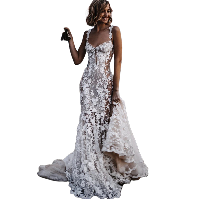 Boho Floral Lace Mermaid Wedding Dresses Spaghetti Straps Long Sexy Bridal Gowns Illusion Court Train Luxury Bohemian Beach Bride Dress
