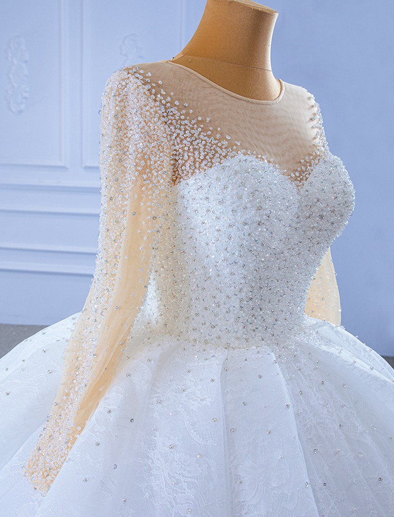 2024 Arabic Dubai Wedding Dresses for Women Long Sleeve Illusion Beads Crystal Lace Bridal Gowns Customed Vestidos De Noiva