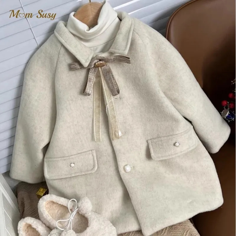 Coat Baby Girl Woolen Bow Tie Jacket Long Pearl Button Warm Infant Toddle Lapel Spring Autumn Winter Outwear Clothes 110Y 231016