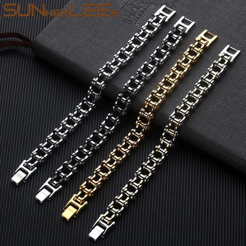Chain SUNNERLEES 316L Stainless Steel Bracelet Bangle Biker Bicycle Motorcycle Link Silver Color Gold Plated Men Boy BC01 231016