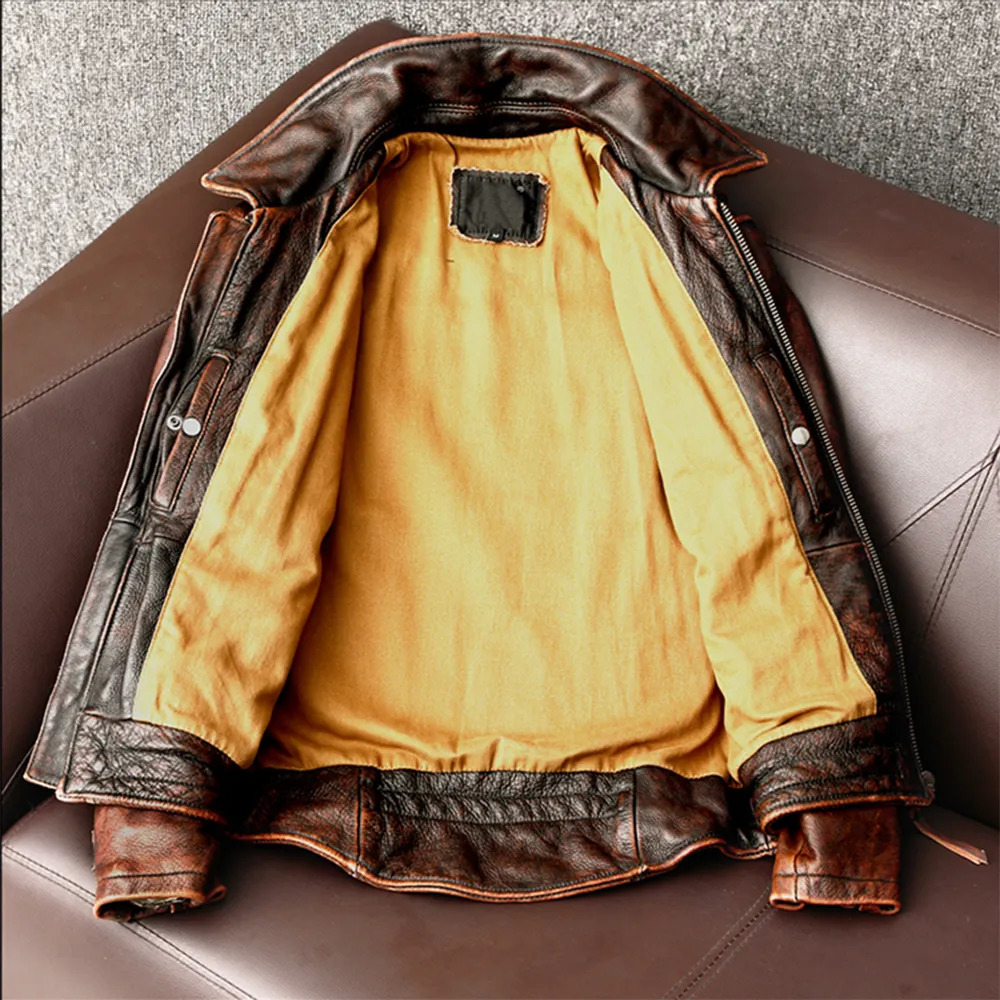 Men s Jackets Style Genuine Leather Jacket Vintage Brown Cowhide Coat Men Slim Fashion Biker Asian Size 6XL Factory Drop 231016