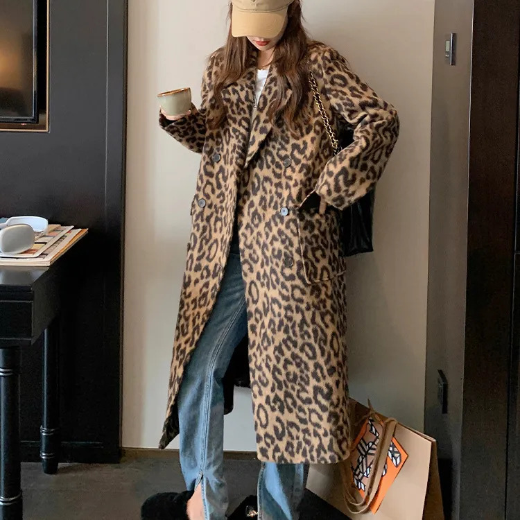 Women's Wool Blends Spring Women Woolen Coat Classic Leopard Print Loose Style Long Sleeve Women Fashion Longl Coat Casaco Feminino 231016