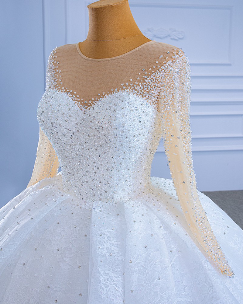 2024 Arabic Dubai Wedding Dresses for Women Long Sleeve Illusion Beads Crystal Lace Bridal Gowns Customed Vestidos De Noiva