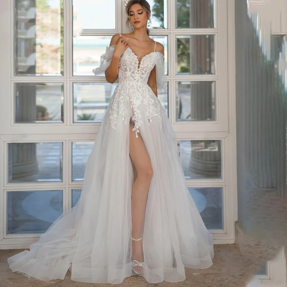 Sweetheart Lace Appliques Wedding Dress For Women Custom Made Side Slit Bridal Gowns Sweep De Mariee Train Robe