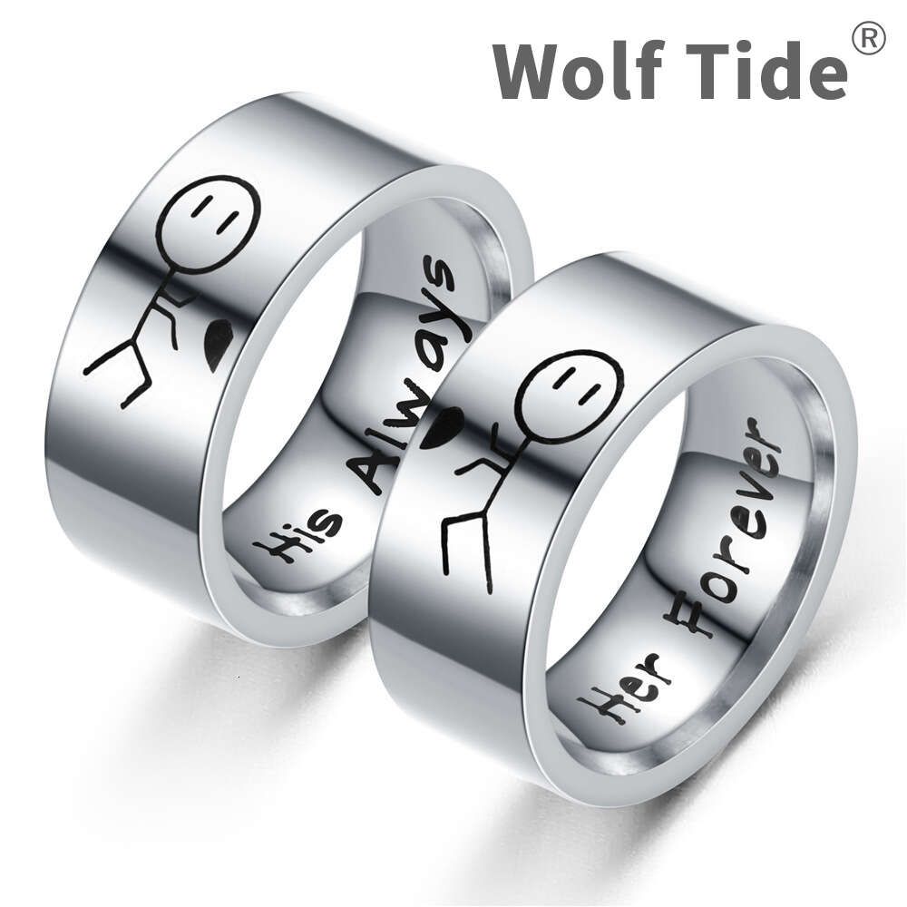 8mm Cartoon Couple Ring Band For Lovers His Always He Forever Wedding Engagement Finger Rings Cute Rings Anillos Vintage Wolf Tide Jewelry Gift Bijoux