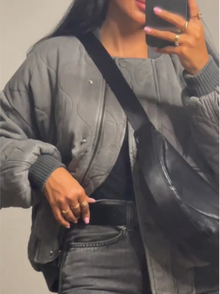 Womens Down Parkas Grey Stand Collar Zipper Women Bomber Cotton Coat Lantern Sleeve Oversized Loose Pocket Jacket Autumn Winter Chic Outwears 231016