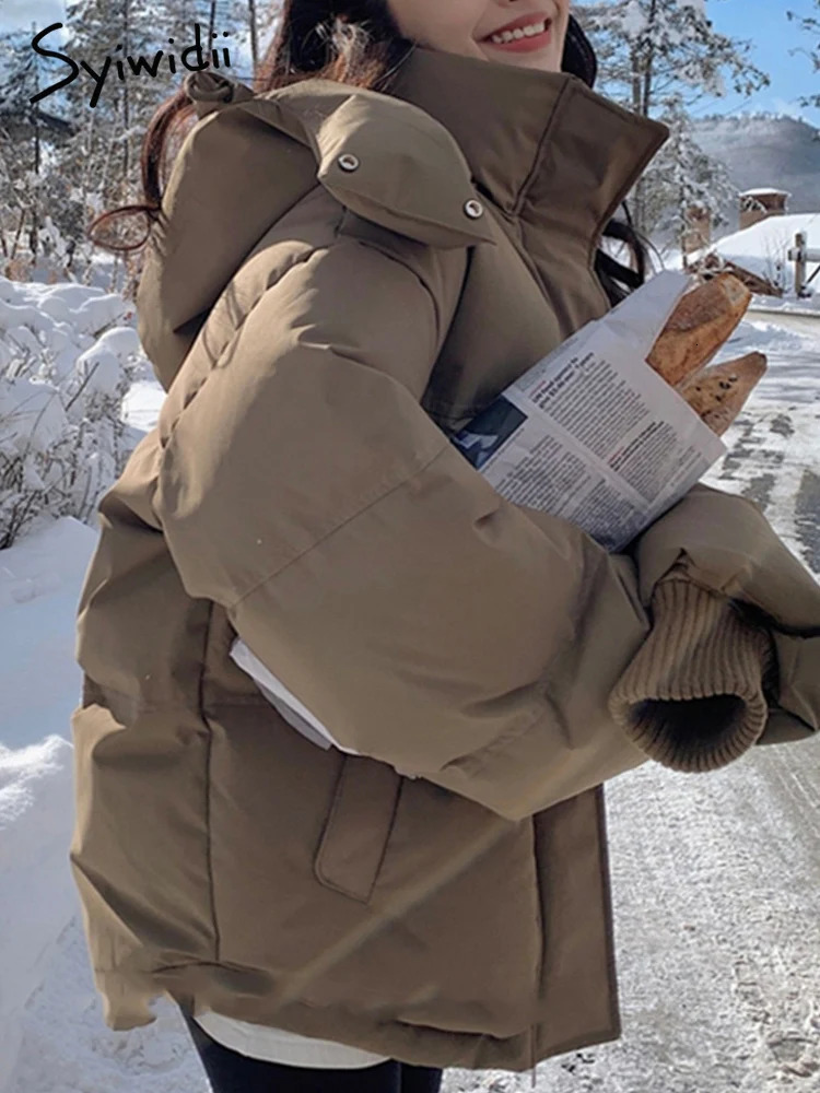 Women's Down Parkas Syiwidii Thicken Warm Jacket for Women Autumn Winter 2023 Fashion Long Sleeve Coats Chic Casual Zippers Hooded 231013