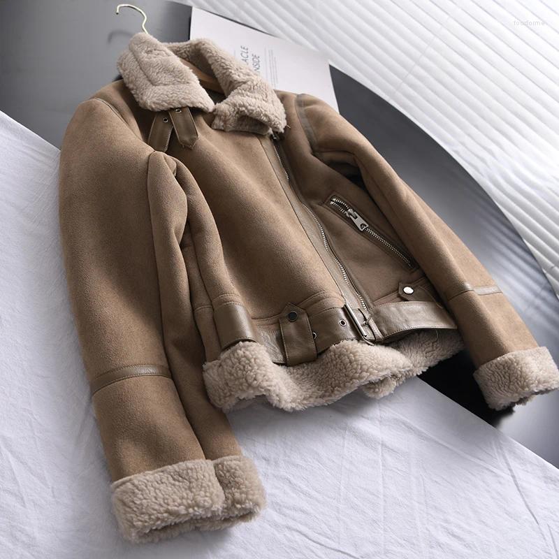Women's Faux Shearg Sheepskin Leather Jacket Brown Motorcycle Outwear Thick Warm Suede Lamb B4