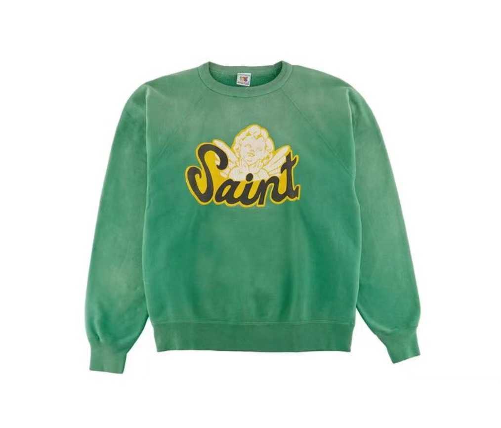 Saint Michael 23fw Washed Old Embroidery Letter Round Neck Sweater High Street Fashion Brand Sweatshirt
