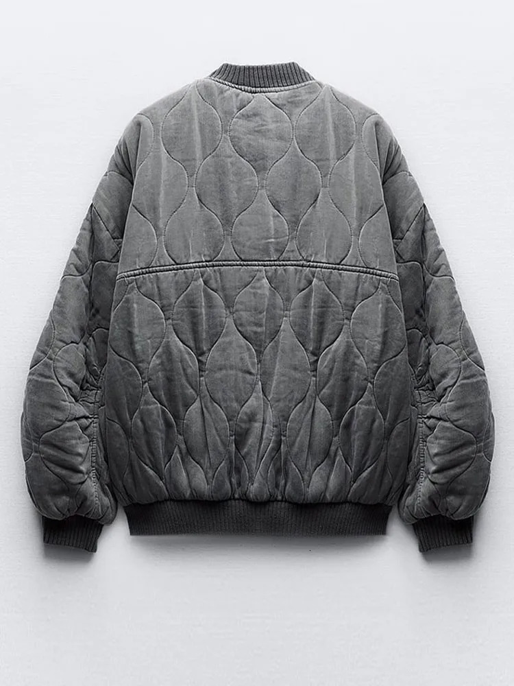 Womens Down Parkas Grey Stand Collar Zipper Women Bomber Cotton Coat Lantern Sleeve Oversized Loose Pocket Jacket Autumn Winter Chic Outwears 231016