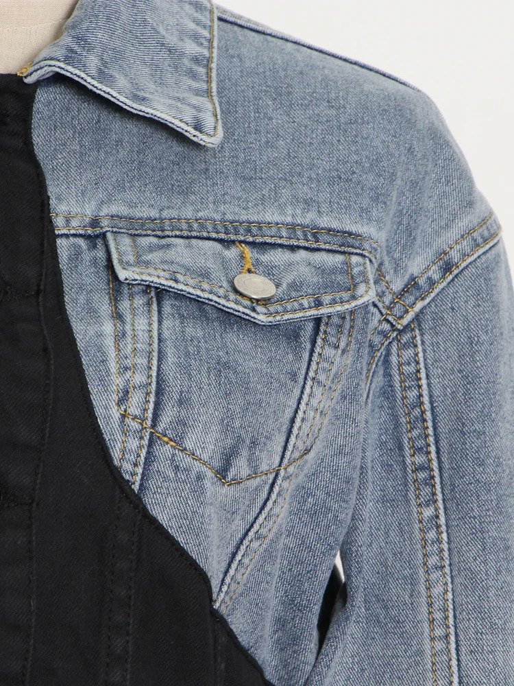 Women s Jackets TWOTWINSTYLE Patchwork Denim Colorblock Jacket Women Lapel Collar Long Sleeve Casual Coats Tops Female Clothing Korean Fashion 231016