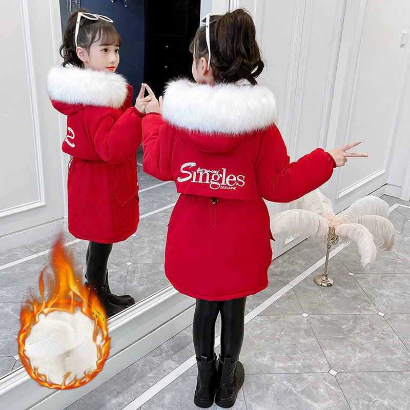 Down Coat Girls Cotton Padded Jacket Overcame The Middle Length Heavy Winter for Child Plush Thicken Parkas Kid Hooded Outerwear 231016