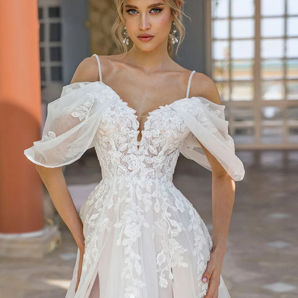 Sweetheart Lace Appliques Wedding Dress For Women Custom Made Side Slit Bridal Gowns Sweep De Mariee Train Robe