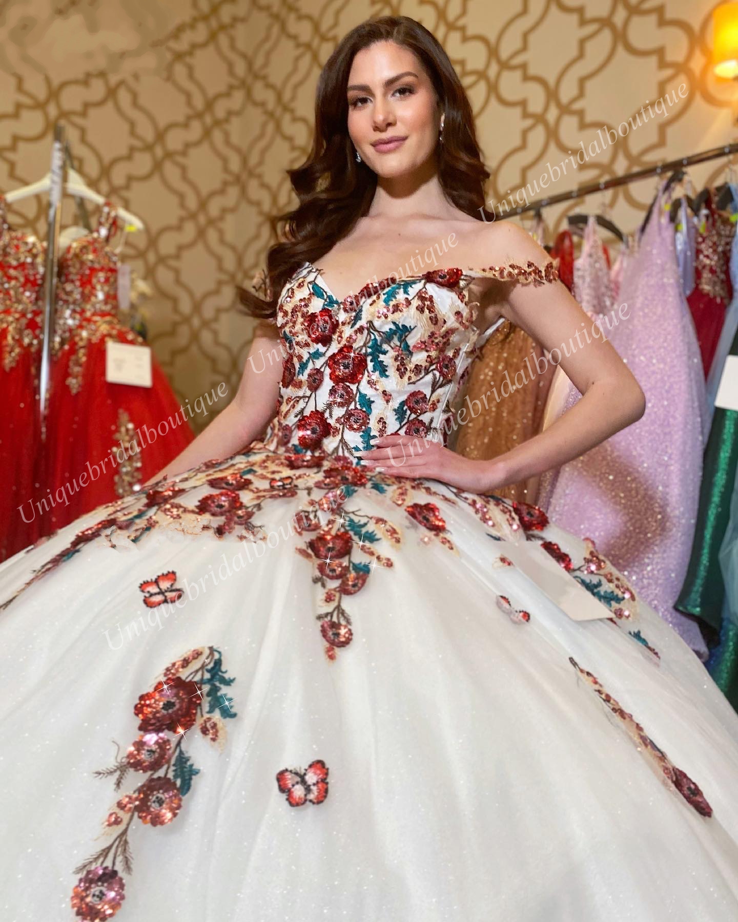 3D Floral Quinceanera Dress 2026 Shimmering Glitter Sequins Off-Shoulder Quince Ball Gown Corset Sweet 16 Birthday Party Prom Gala Vestidos De 15 Anos