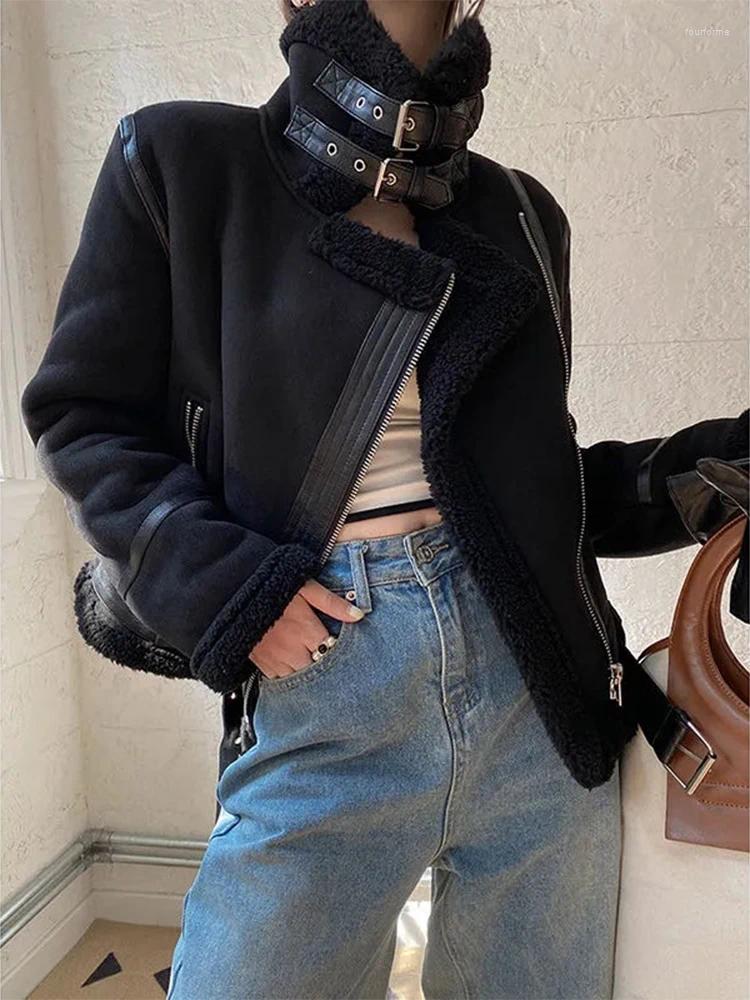 Women's Faux Shearg Sheepskin Leather Jacket Brown Motorcycle Outwear Thick Warm Suede Lamb B4