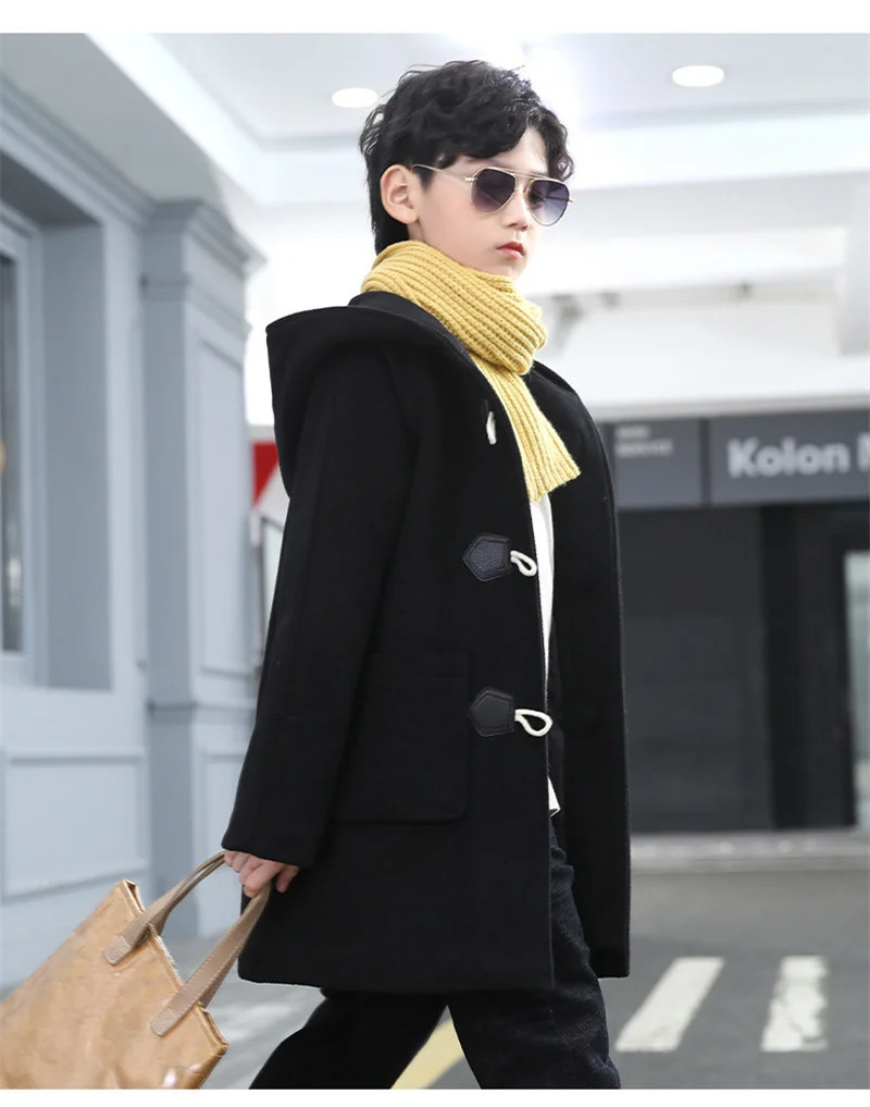 Jackets 2023 Boys Wool Coat Autumn Spring Fashion Hooded Solid SingleBreasted Outerwear Children MidLength Parka 514Y 231013