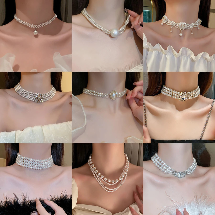 Chokers Multilayer Pearl Choker Necklaces for Women Short Geometric Crystal Necklace Vintage Weddings Bride Jewelry 231016