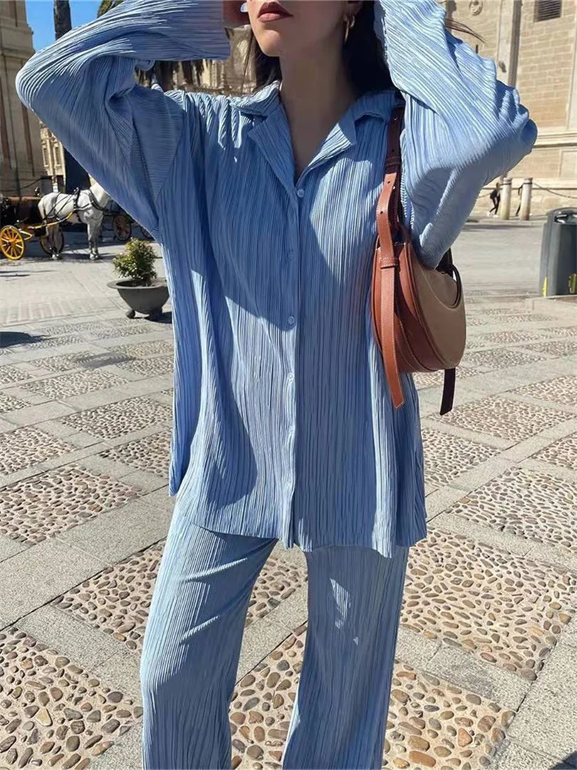 Women s Tracksuits wsevypo Women Pleated 2 Piece Pants Sets Spring Summer Streetwear Long Sleeve Button Down Shirt Straight Leg Loose Outfits 231016